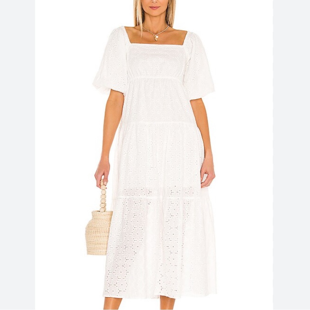 MINKPINK NWT SZ Large Luna White eyelet puffed Flutter Sleeve midi dress